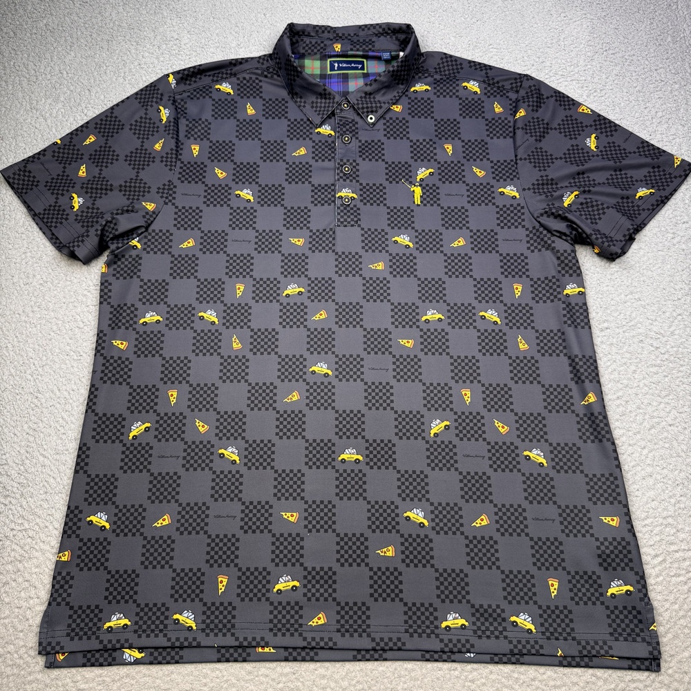 William Murray Polo Shirt Mens XL Black Gray Taxi Pizza Check Golf NYC Iconic